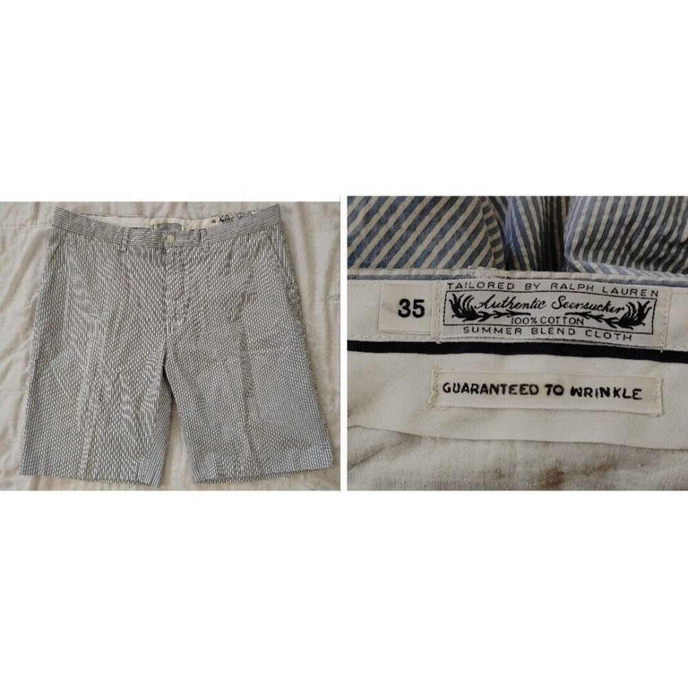 Ralph Lauren Summer Blend Cloth Seersucker Shorts Mens 35 White Blue Pin Stripe